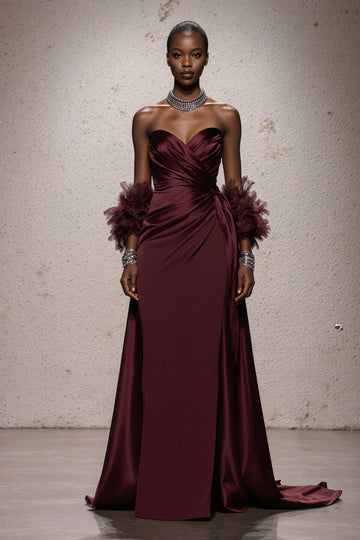 Burgundy A-Line Strapless Maxi Gala Dress (Without Feathers)